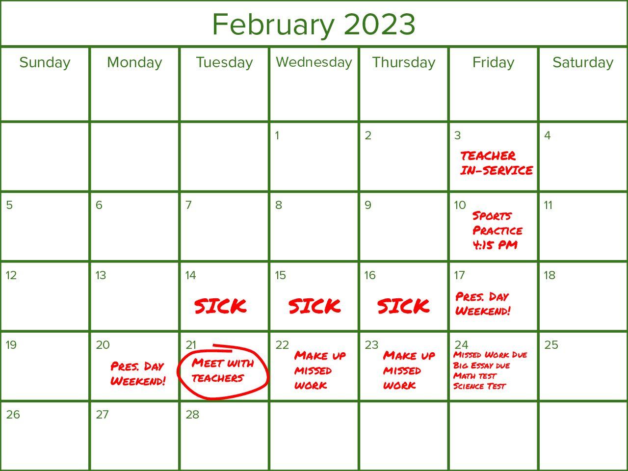 A calendar that represents the typical make-up work schedule of a three-day absence. Graphic by Charlie Beetham ’24.